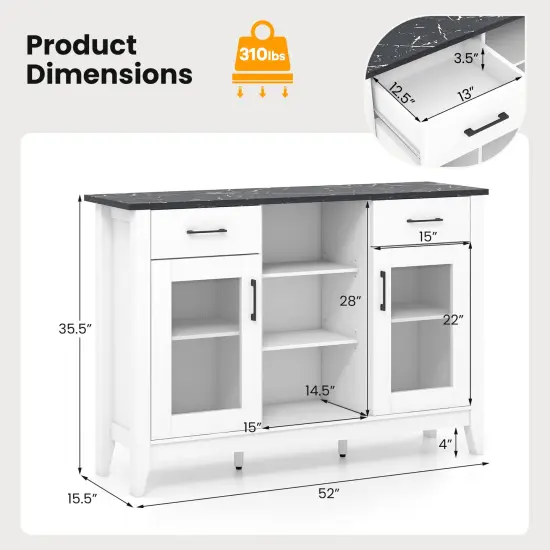 Sideboard Buffet Cabinet with 3 Open Cubes and 4 Adjustable Shelves Ideal for Home Appliances or Decorations White {5}