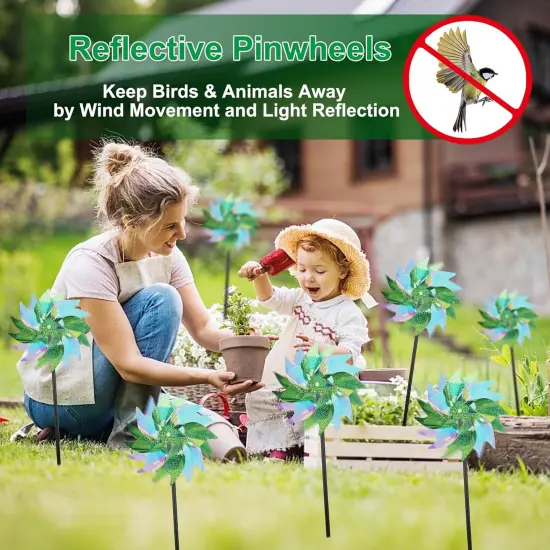 12 Pcs Spring Reflective Pinwheels Outdoor, Wind Spinners for Yard & Garden, Sparkly Bird Repellent Windmill Scare Birds Away, Deterrent Devices for Outside Patio Lawn Spring Decor (Green) {3}