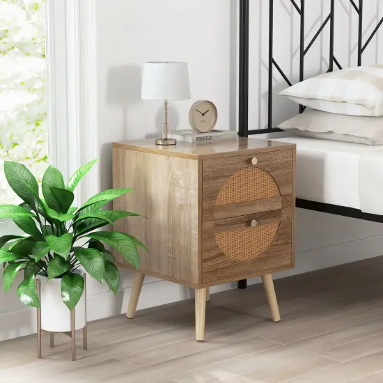 Bohemian Style Bedside Table with 2 Drawers and Solid Pine Wood Legs {6}