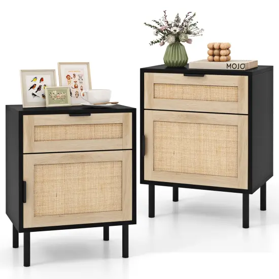 Black & Natural Rattan Nightstand with Drawer and Cabinet for Bedroom {4}
