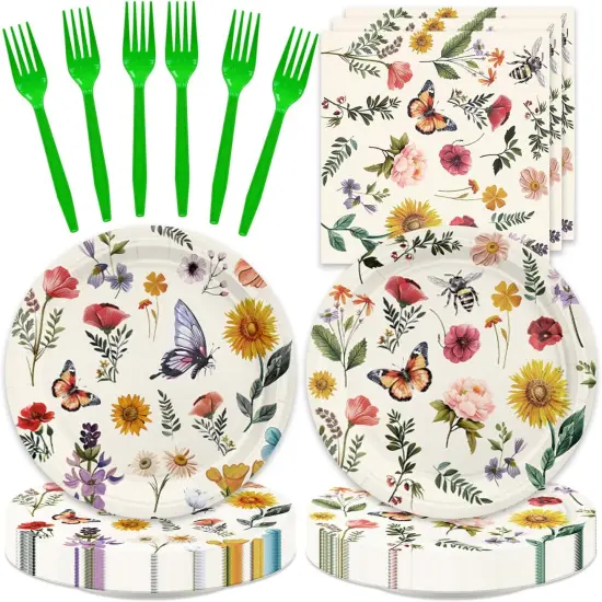 48pcs Wild Floral Party Supplies,include 16 Dessert plate,16 Napkin and 16 Fork,Baby in bloom Party Plate Napkin Fork Birthday Set,Used for Wildflower Party Decoration {1}