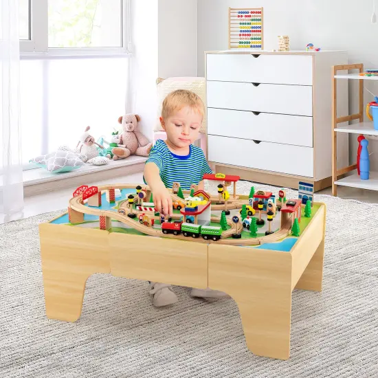 Natural Wood and MDF Train Set Table with Reversible Top and Storage Drawer {3}