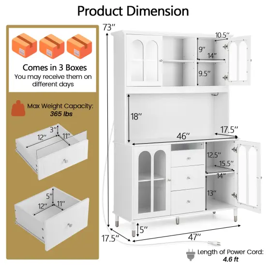 White MDF Engineered Wood Kitchen Pantry Cabinet with LED Lights and Power Outlets {5}