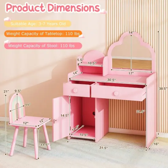 Kids Vanity Set, Cloud Shape Mirror, Storage and Pine Wood Stool Pink {6}