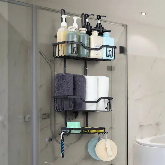 3-Tier Rustproof Shower Caddy with 4 Hooks &ndash; No Drill Hanging Bathroom Organizer, 40 lb Capacity, Adhesive Suction Cups for Shampoo, Soap, Towels {5}