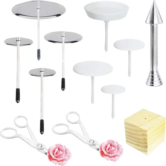 12 PCS Cake Decorating Supplies, Woohome 8 PCS 2 Style Cake Flower Nail, 2 PCS Flower Lifters and 1 PCS Wood Flower Nails Holder, 1 PCS Cake Icing Dispensers for Icing Flowers Decoration {1}