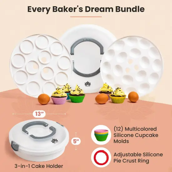 Premium 4 in 1 Cupcake Carrier with Lid - Cupcake, Deviled Egg, Pie & Cake Container - Includes Pie Crust Shield & 12 Silicone Baking Cups {2}