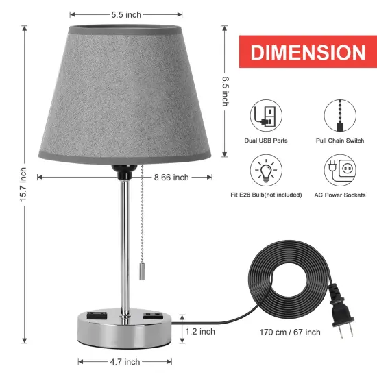 Set of 2 Grey Shade Silver Base Bedside Lamps &ndash; Modern Nightstand Table Lamps for Bedroom, Office, or Dorm {2}