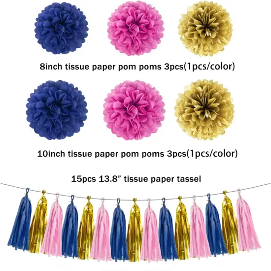 Gold Navy-Blue Pink Party Decorations - 23pcs Tissue Paper Flower Pom Poms Tassel Garland Pennant Banner Flags Streamers Birthday Baby Bridal Shower Engagement Bachelorette Wedding Gender Reveal Decor {2}
