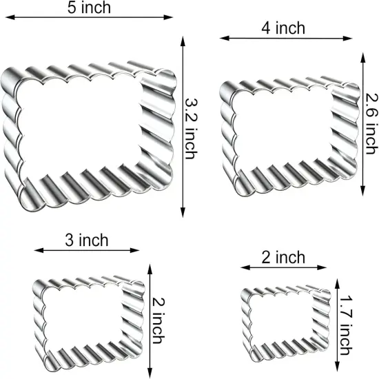 Rectangle Cookie Cutter Set with Scalloped Edge Assorted Sizes - 5 Inch, 4 Inch, 3 Inch, 2 Inch - Fluted Edge Plaque Frame Rectangluar Cookie Cutters Shapes Fondant Molds - Stainless Steel {2}
