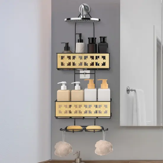 3-Tier Hanging Shower Caddy Over Shower Head &ndash; Rustproof Bathroom Organizer with Soap Holder, Bamboo Board & Hooks, No-Drill Installation (28.7"H, 40 lb Capacity) Silver {7}