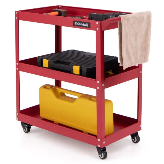 3-Tier Rolling Utility Tool Cart with 3 Large Shelves and 4 Universal Wheels Perfect for Kitchen or Garage Red {6}