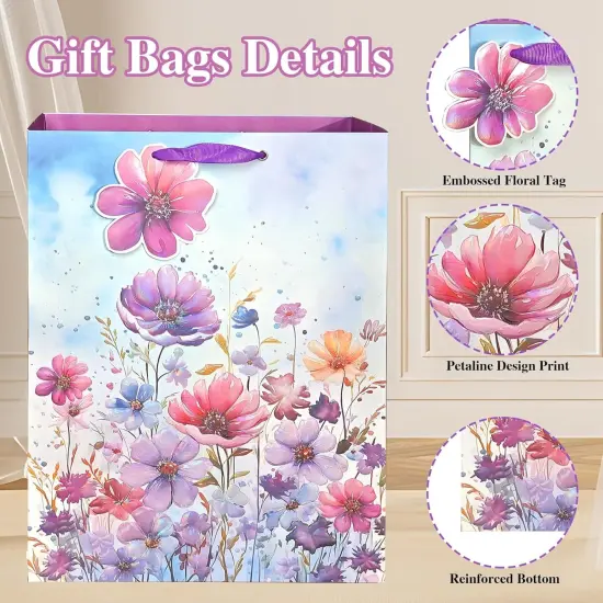 6 Pack Purple Flowers Pattern Embossed Paper Gift Bag with Handles, Assorted Paper Bags with 8 Pcs Tissue Paper for Girls/Women Baby Shower {3}