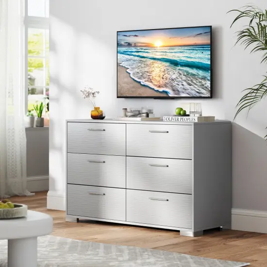 6 Drawer Grey Dresser with Wide Top and Metal Base Storage Cabinet for Bedroom or Entryway {6}
