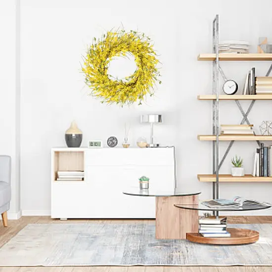 24" Spring Wreaths for Front Door Artificial Forsythia Flower Wreath on Grapevine Yellow Wreath with Green Leaves Silk Floral Wreath for Home Indoor Wall Window Garden Porch Farmhosue Decor {2}