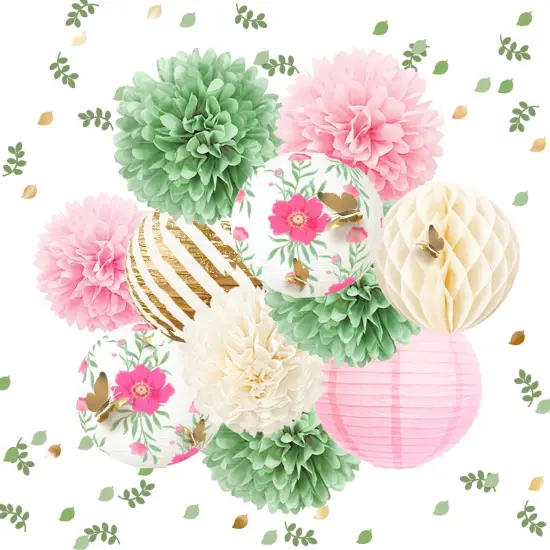 12PCS Green Pink Blooms Tissue Pom Poms Paper Lantern 3D Gold Confetti 50G for Garden Birthday, Fairy Party, Butterfly Baby Shower, Wedding, Holiday, Easte Party, Spring Decor {1}