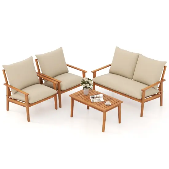 4 Pieces Wooden Outdoor Conversation Set with Soft Cushions and Rectangular Coffee Table {4}