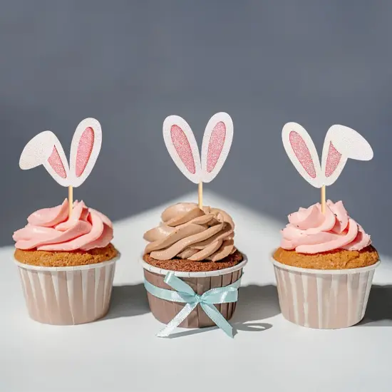24 Pack Easter Bunny Ear Cupcake Toppers, Glitter Rabbit Ears Cupcake Picks, Easter Day Cake Toppers for Easter Theme Spring Birthday Baby Shower Party Supplies {5}