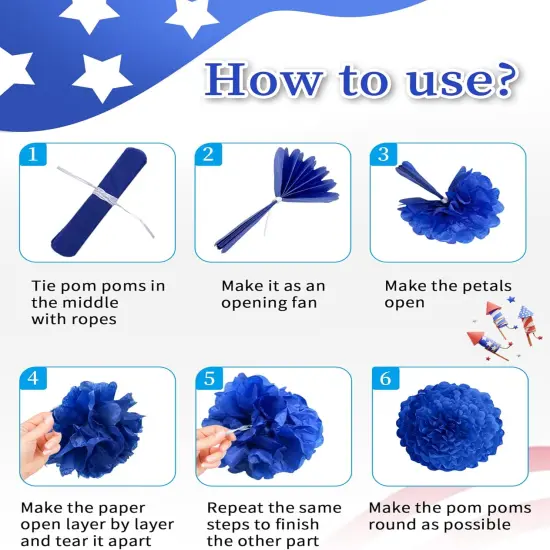 4th of July Decorations Outdoor Red White Blue Paper Fans Hanging Swirls Pompoms {5}