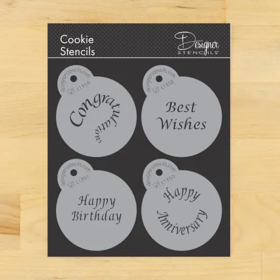 Special Occasions Candy & Cookie Stencils: Congratulations, Best Wishes, Happy Birthday, Anniversary | C135 by Designer Stencils | Cookie Decorating Tools | Baking Stencils for Royal Icing, Airbrush | Reusable Plastic Food Grade Stencils {1}
