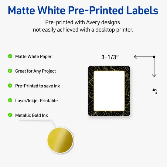 Avery Printable Rectangle Labels with Sure Feed Technology, Pre-Printed Black Border with Gold Pattern, Matte White, 4" x 3-1/3", Laser & Inkjet Compatible, 40 Total {2}