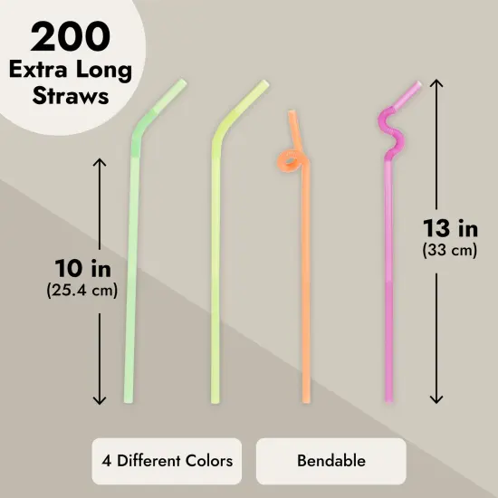 200 Pack Plastic Extra Long Straws for Birthday Party, 13 Inch Disposable Drinking Straws for Cocktails, Coffee (4 Rainbow Colors) Multicolor {3}