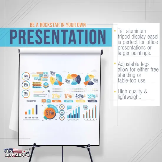 66" High Boardroom Black Aluminum Flip Chart Easel & Presentation Stand - Adjustable Floor/Tabletop, Portable Tripod, Holds 25 lbs., for Chart Paper, Poster Boards, & Pads {4}