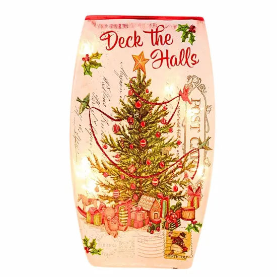 Stony Creek 7.75 In Vintage Postcard Med Vase Christmas Lighted Glass Accent , Christmas Decor Pre-Lit Electric Christmas TREE {1}