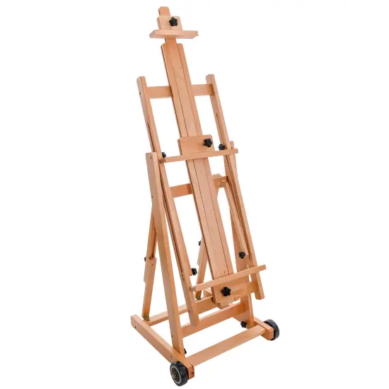 Master Multi-Function Studio Artist Wooden Floor Easel - Large Heavy Duty Adjustable H-Frame, Tilts Flat, Mast Adjusts to 97" High - Beechwood Painting Canvas Holder Stand with Wheels {1}