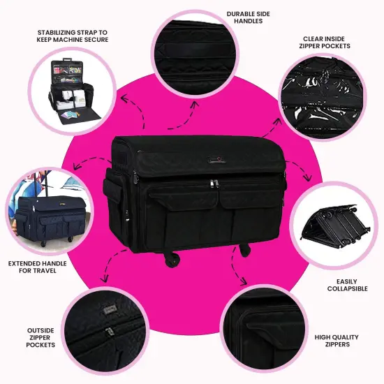 Everything Mary XXL 4 Wheel Collapsible Rolling Sewing Machine Storage Case, Black Quilted {6}