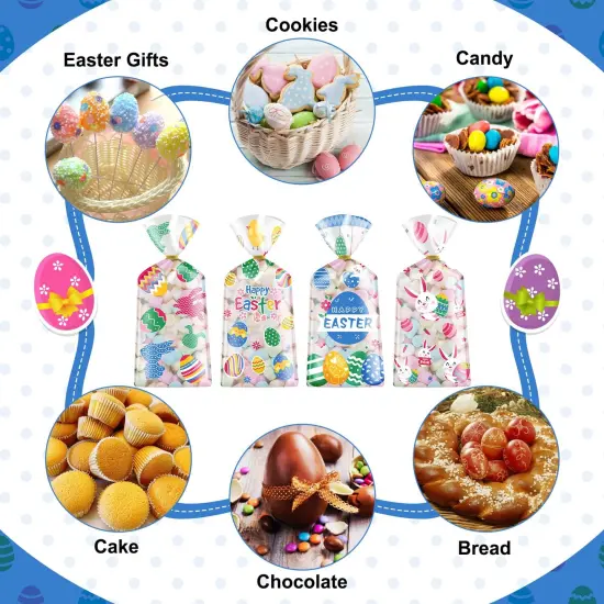100 Pcs Easter Treat Bags - Happy Easter Gift Bags, Easter Eggs Plastic Cellophane Bag, Clear Colorful Easter Bunny Goodie Candy Favor Bags with Gold Twist Ties for Easter Party Favors Supplies {3}