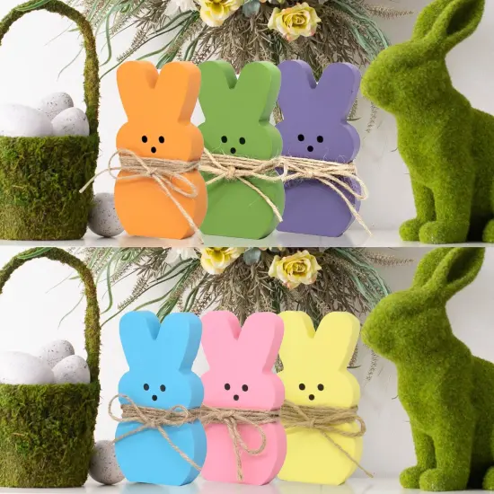 DAZONGE Easter Decorations - 6PCS Wood Bunny Peeps Easter Tiered Tray Decor Signs - Easter Shelf Sitter - Easter Decor for the Home - Spring Wood Decor {2}