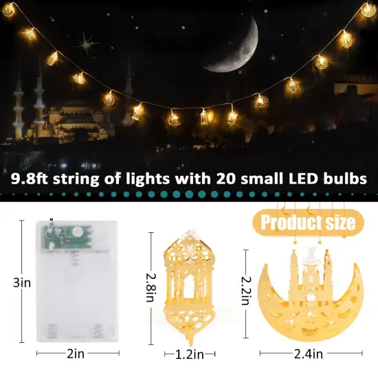 Ramadan Eid String Light - 9.8 ft 20 LEDs Mubarak String Light, Muslim String Decor with Moon Star Kerosene Lantern Palace Ornaments for Islamic Indoor Outdoor Home Garden Party Supplies - White Bulb {4}
