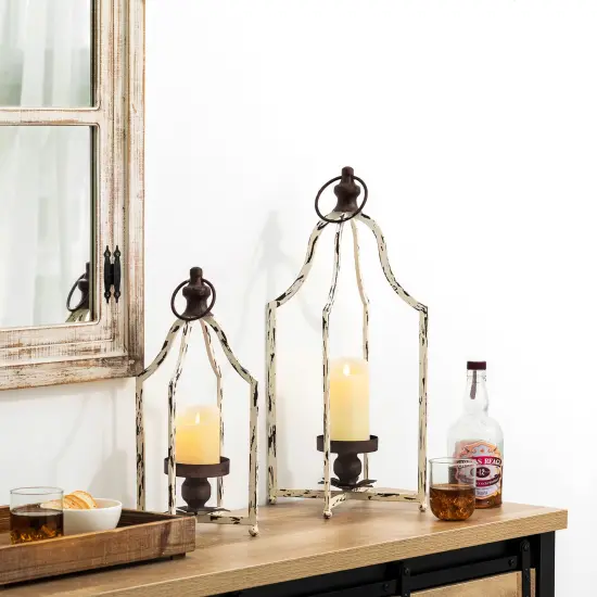 Set of 2 White Farmhouse Metal Decorative Lanterns Hanging Candle Holders Wedding Decor {7}