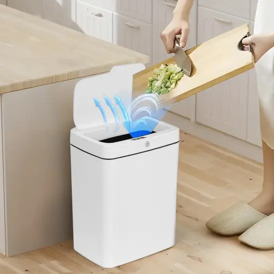 Smart White Bathroom Trash Can with Touchless Motion Sensor - Slim Design, 3-Mode Opening (Motion, Manual, Kick), Ideal for Cat Litter Disposal, Perfect for Bedroom, Office & Kitchen Use {4}