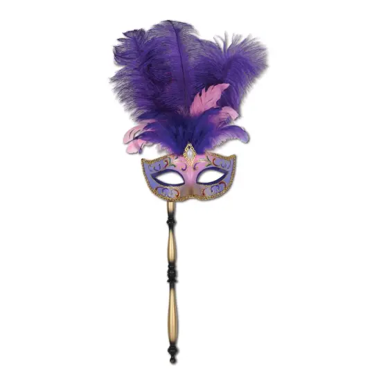 12 Pack Bulk Glitttered Feather Mardi Gras Costume Mask with Stick- Purple {1}