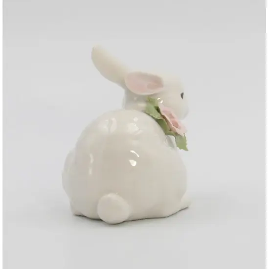 Springtime Bunnies: Easter Bunny Rabbit Crouching with Pink Rose Flower Figurine {5}