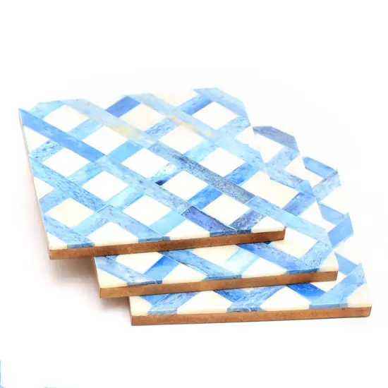 White/Blue Dyed Bone Inlaid Square Coaster Set - 4" X 4" {5}