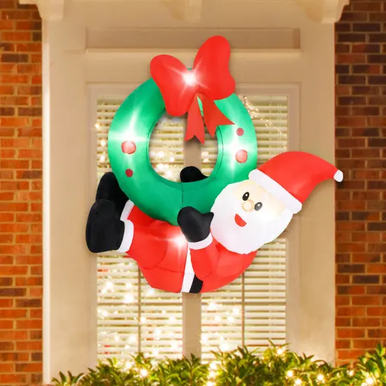 4-Feet Inflatable Santa Claus Wreath with Red Bow and 5 LED Lights {2}