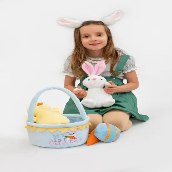 Easter Basket -My First Easter Basket Stuffed Plush Playset Baby's First Easter Basket Stuffed Cartoon Bunny Easter Egg Plush Basket for Kids 5pcs (Blue) {5}