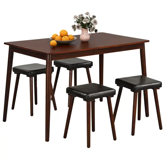 5 Piece Dining Table Set for 4 with 4 Upholstered Stools and Rubber Wood Legs-Brown {4}