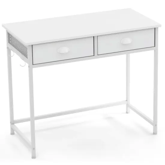 Space Saving Home Office Desk with 2 Fabric Drawers and 4 Hanging Hooks White {7}