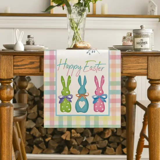 Green Blue Pink Buffalo Plaid Bunny Happy Easter Table Runner {2}