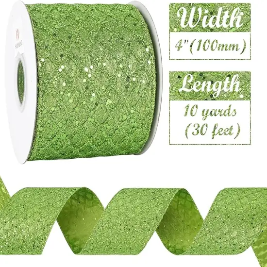 Lime Green Christmas Ribbon 4 inch Lime Green Glitter Wired Ribbon Diamond Mesh Wire Ribbon for X-mas Tree Decorations, Wreaths, Garland, Large Bows Making, Halloween Decor -10 Yards {2}
