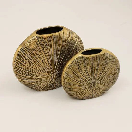 Decorative Aluminium Golden Flower Vase - Set Of 2 {2}