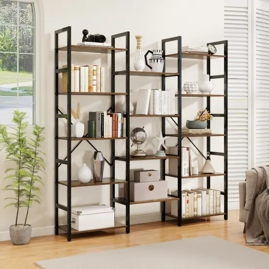 Rustic Brown 5-Tier Triple Wide Heavy-Duty Metal Frame Bookshelf with Adjustable Foot Pads {2}