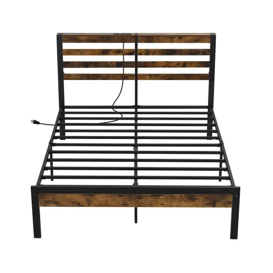 Rustic Brown Platform Bed Metal Frame with Charging Station and Storage Headboard {2}