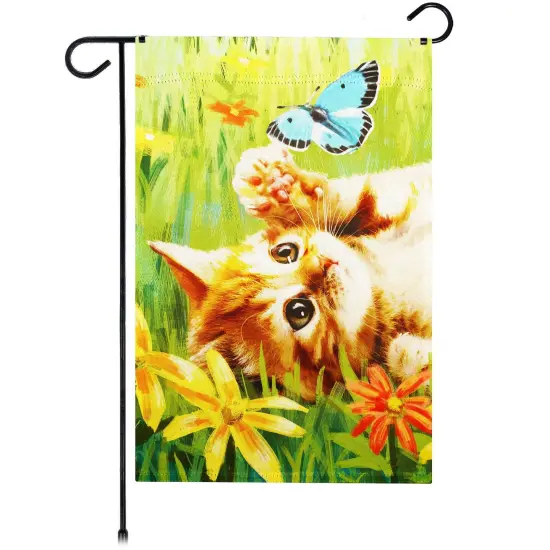 G128 Kitten Butterfly Flowers Garden Flag 12x18 In Double Sided Spring Yard Garden Lawn Decoration {1}