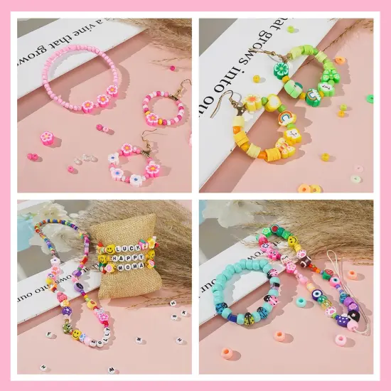 1000PCS Polymer Clay Beads Bracelet Making kit, 24 Style Cute Fun Fruit Flower Rainbow Butterfly Animal Heart Star Beads Charms for Jewelry Necklace Making Gift for Girls Kids {4}