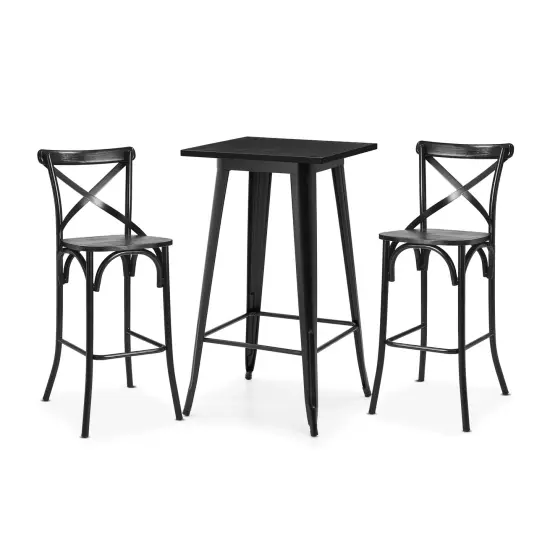 3 Piece Pub Table and Bar Chair Set - Steel Square Bar Table and Bar Chair Set Black {6}